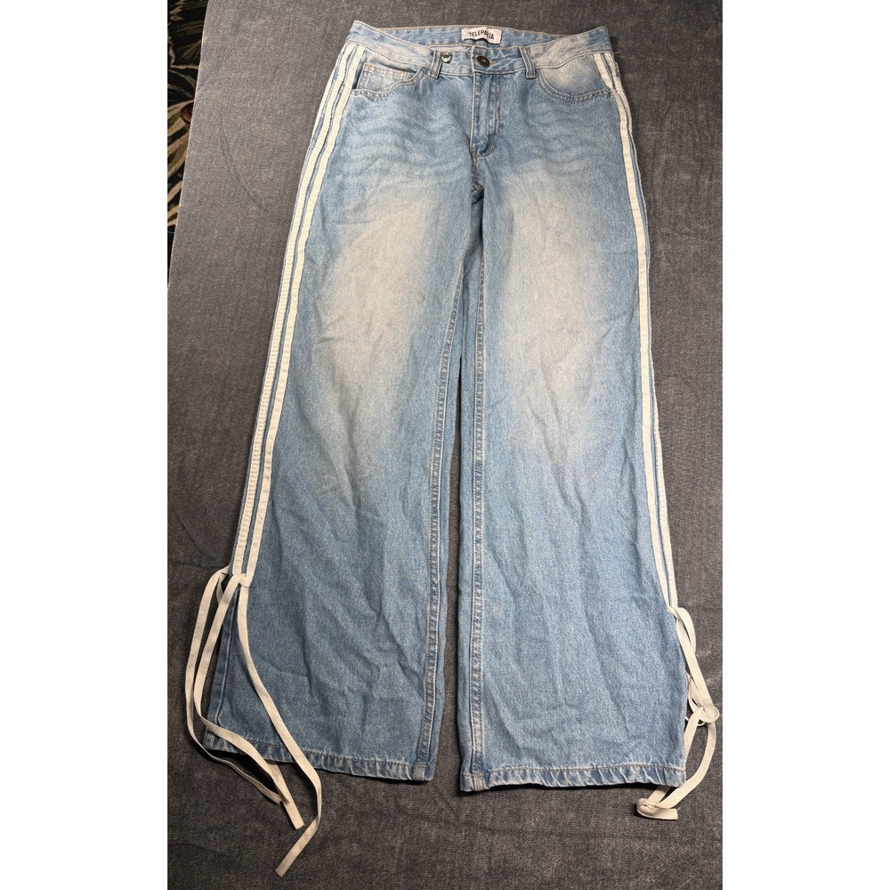 Telepatia Jeans Womens 5/27 Blue Denim White Side Stripes Ankle Tie Wide Leg